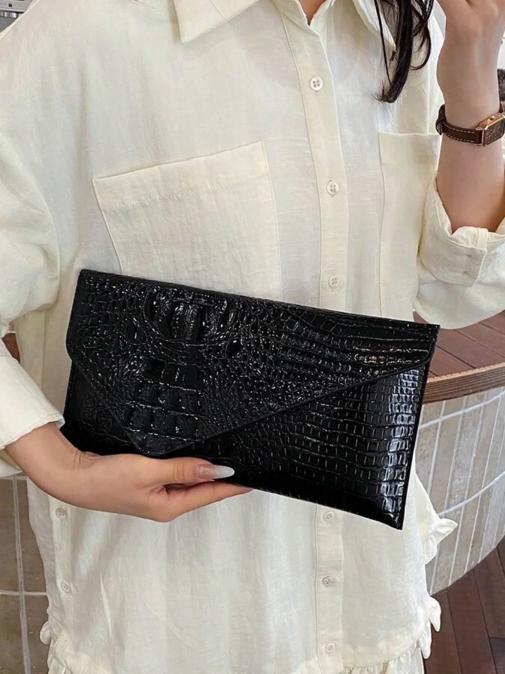 Black Croc-Embossed Envelope Clutch
